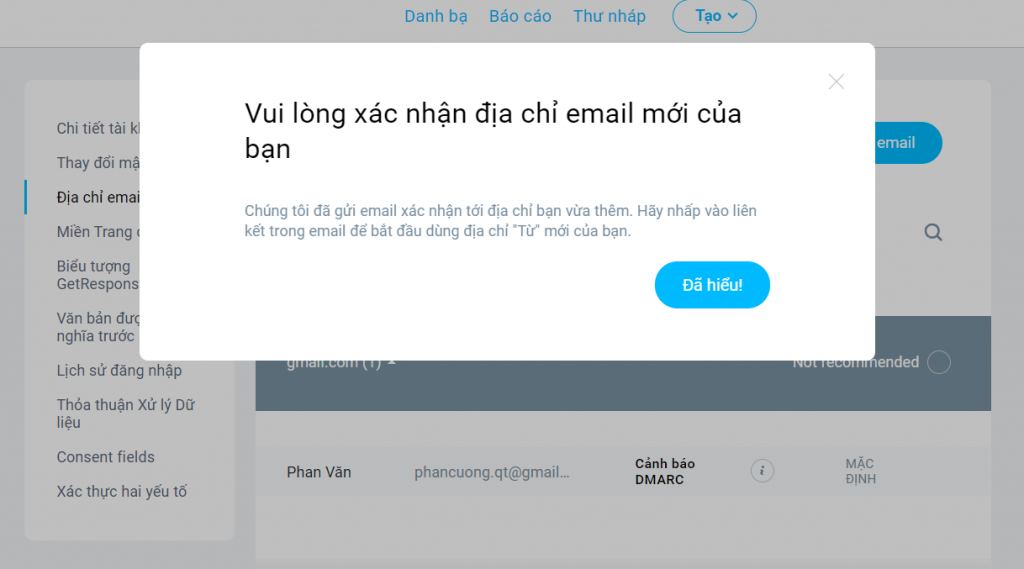 Đổi mail getresponse