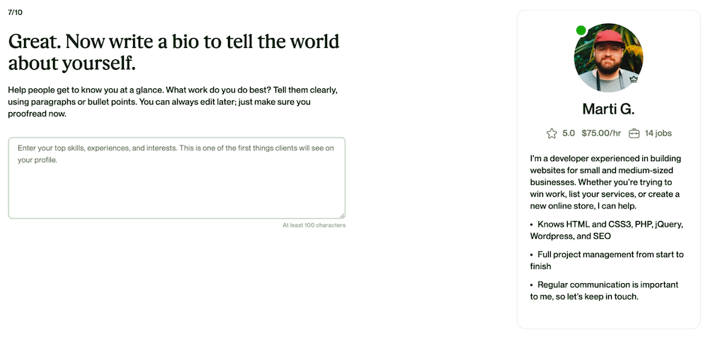 Tạo profile freelancer trên upwork - Bio